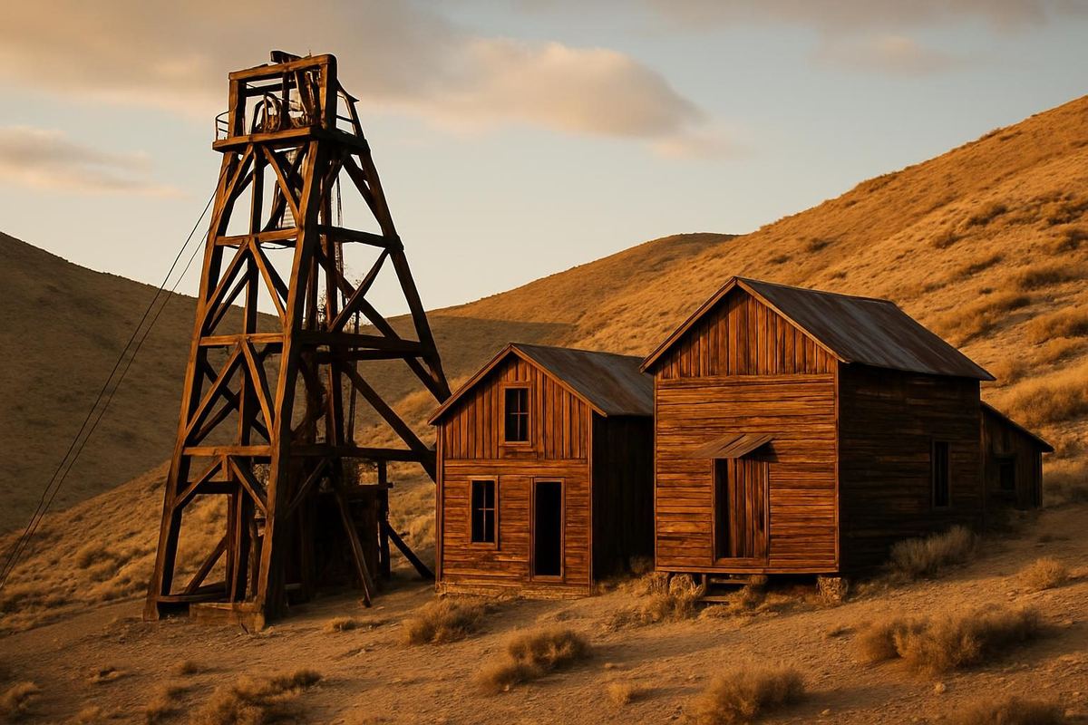 Historic headframe and mine buildings on a Nevada hillside