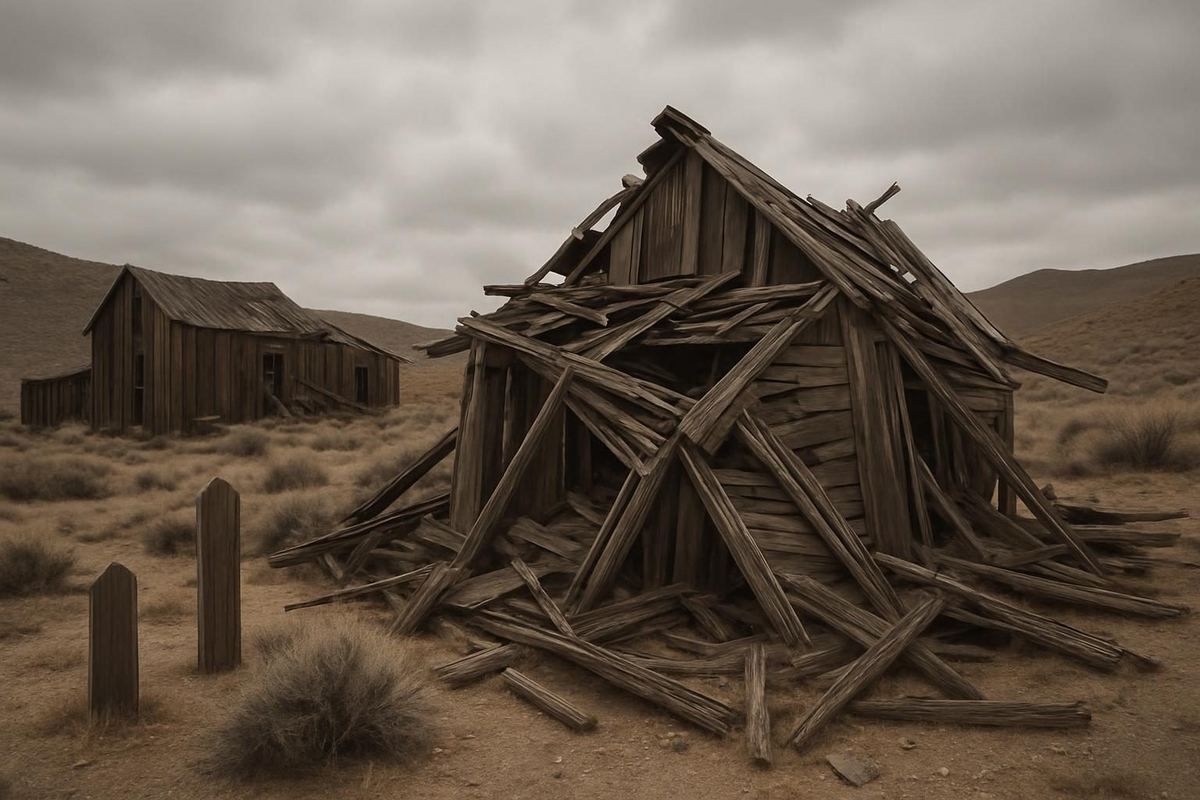 Weathered wooden ruins and a small cemetery in the high desert