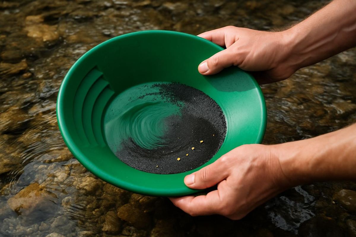A green gold pan being swirled in a shallow creek with dark sand and a fleck of gold visible