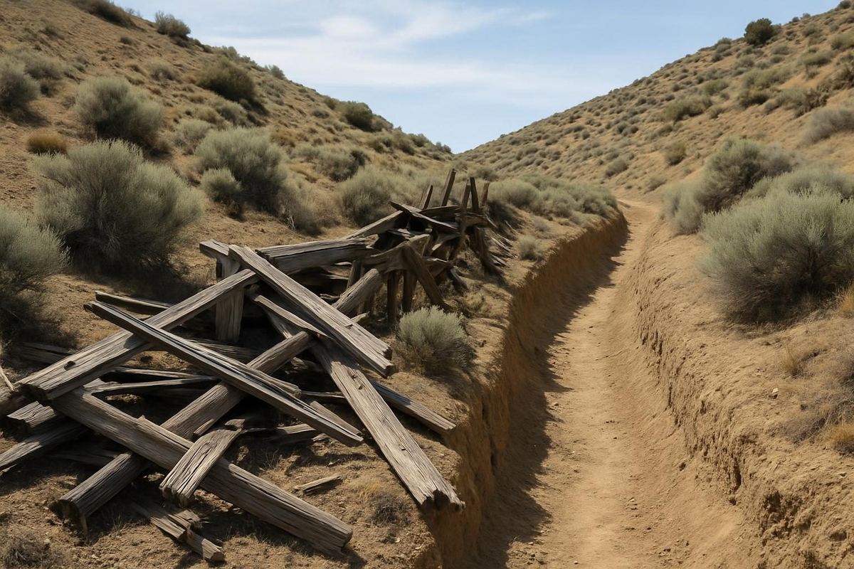 Remnant of a wooden flume and dry ditch on a Nevada hillside