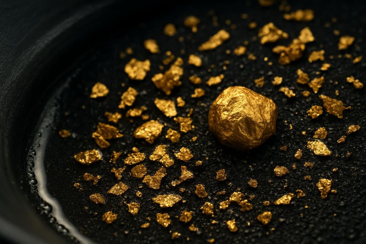 Bright gold flakes and a small nugget resting in dark concentrate at the bottom of a pan